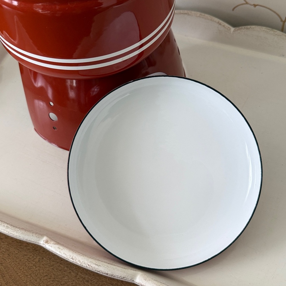 Mid Century 70s Sienna Brown Porcelain Enamel Fondue Set with Accessories - NEW - Picture 9 of 15